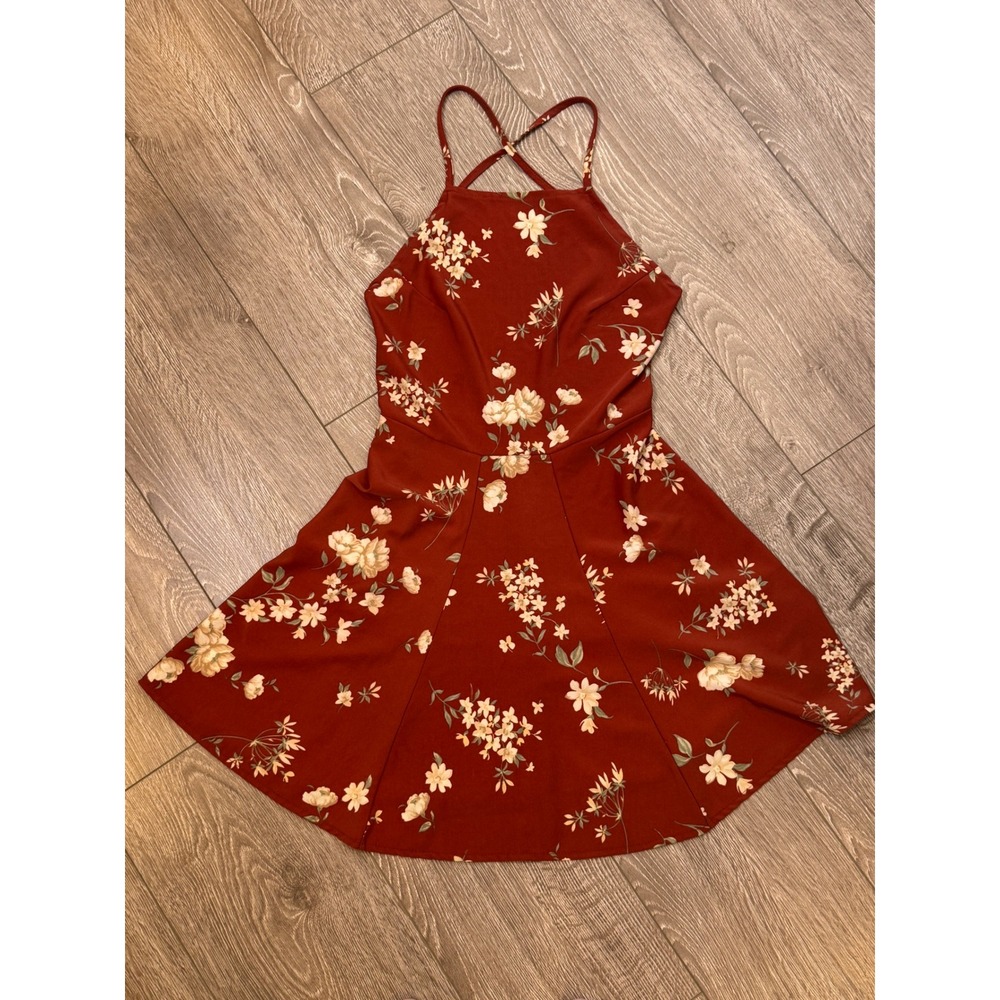 Floral Halter Skater Dress Small Rust Red Strappy Mini Dress Backless Coquette